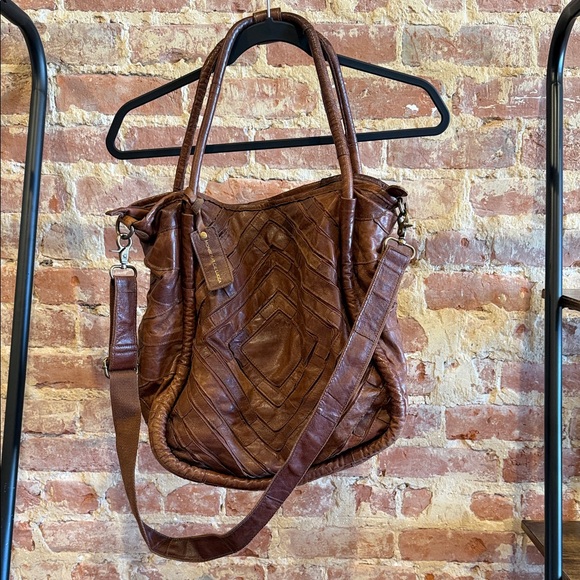 Monserat de Lucca Benecio XL Leather Strip Design Tote Bag Double Rolled Handles - Picture 2 of 8